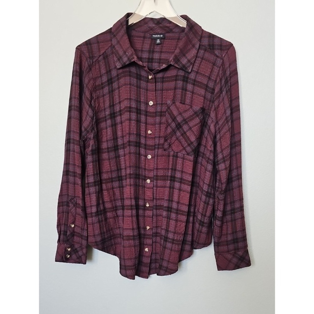Torrid Plaid Button Down Shirt Burgundy Black Crinkle Gauze Boho Size 00 XL